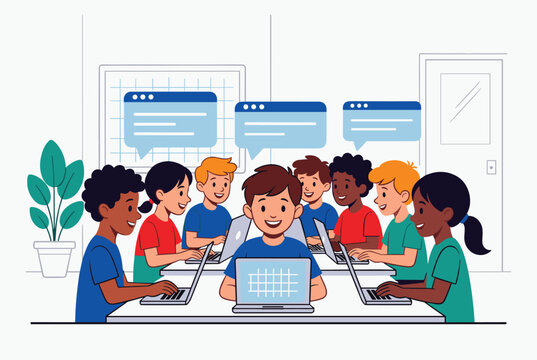 Diverse group of elementary school children happily learning computer coding on laptops in a modern classroom.