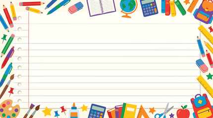 Obraz premium School Notebook Paper Template with Educational Supplies Border