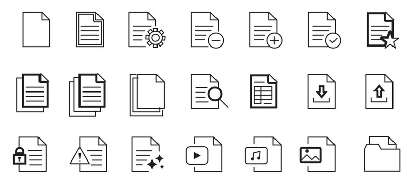 Minimalist document line icons set, 21 professional file management vector symbols, clean paper and folder interface elements for web design