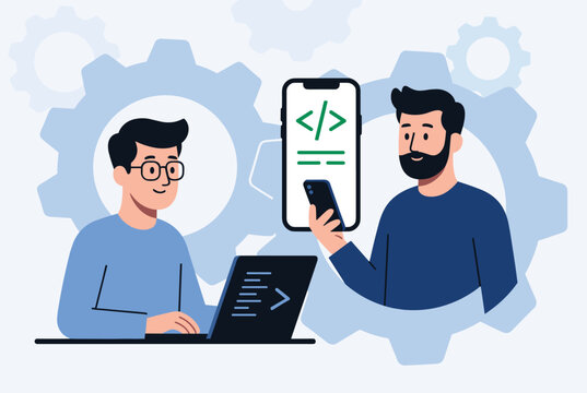 Two professional software developers collaborating on mobile application coding and system design with gears.