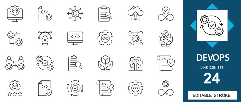 DevOps line icon set, 24 software development and operations symbols, editable stroke vector icons for agile workflow and cloud computing