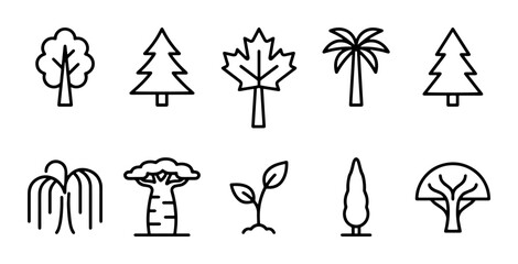 Fototapeta premium Diverse Tree Icons Set, Nature Elements Collection, Botanical Vector Graphics, Forest Symbols