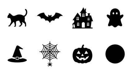 Fototapeta premium Halloween Icons Set: Black Cat, Bat, Haunted House, Ghost, Witch Hat, Spiderweb, Pumpkin, Circle