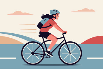 Obraz premium Active young girl in helmet riding a bicycle fast on coastal road next to beautiful blue sea on a sunny day.