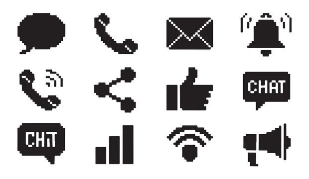 Pixel art icon set featuring communication social media connectivity and business web symbols.