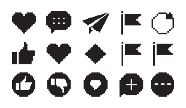 Various pixel art interface icons including hearts speech bubbles paper planes and flag symbols.