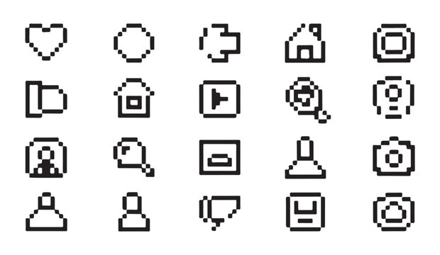 Collection of miscellaneous pixel art interface icons for mobile app and web navigation.