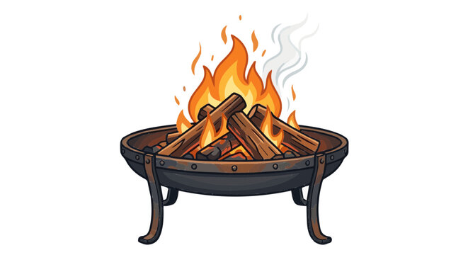 Outdoor brazier fire with burning wood logs and smoke.