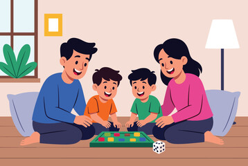 Fototapeta premium Cheerful young parents and their two little sons sitting on floor and playing colorful board game together.