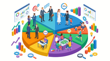 Naklejka premium Business professionals collaborate on colorful infographic with graphs and charts