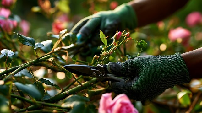 Close-up of gardener hands in green work gloves pruning rose bush with sharp secateurs