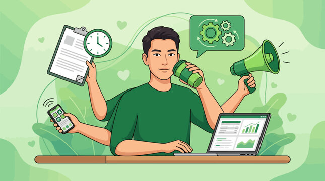 A modern vector illustration of a multitasking man working on a laptop while using a megaphone clock phone and papers