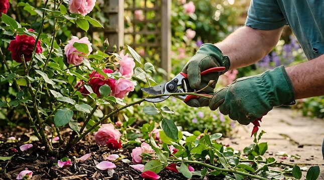 Close-up of gardener hands in green work gloves pruning rose bush with sharp secateurs