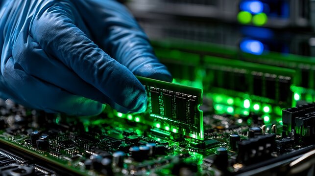 Close-up of IT technician hands in blue antistatic gloves inserting RAM module into server motherboard