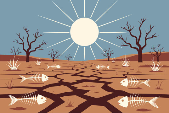 Severe drought landscape with cracked dry earth, burning sun, dead leafless trees, and fish skeleton remains.