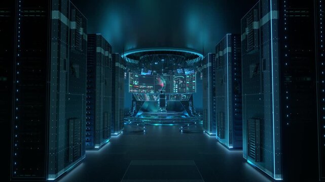 Technology big data server, future AI holographic office, a person sits at a futuristic command console, surrounded by multi-screen data displays and server racks, immersed in a high-tech control hub.