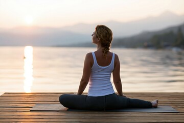 Fototapeta premium Yoga practice for a fit woman stretching on a wooden pier by the lake at sunset