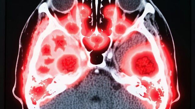 CT brain scan image with glowing red highlights indicating stroke and tumor regions, 4K video