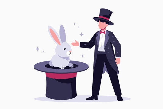 Skilled magician performing a classic magic trick, revealing a cute white rabbit from his dark top hat on stage.
