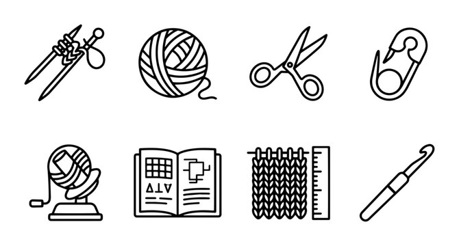 Crafting Icons: Knitting Needles, Yarn Ball, Scissors, Safety Pin, Yarn Winder, Pattern Book, Crochet Hook, Textile Grid