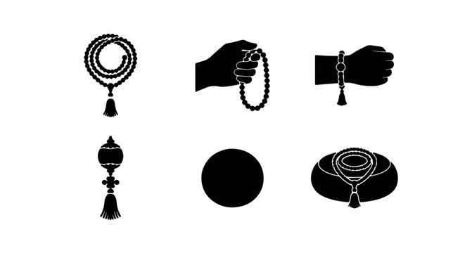 Islamic Prayer Beads, Tasbih, Rosary Icons Set, Black Silhouette Vector Graphics
