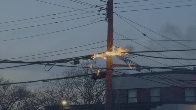 Burning Electrical Wires on Utility Pole with Flames and Smoke