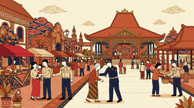 Indonesian Culture and Community Policing Vector Illustration. Friendly Officers Helping Citizens in Traditional Javanese Market with Joglo Architecture and Batik Ornaments.