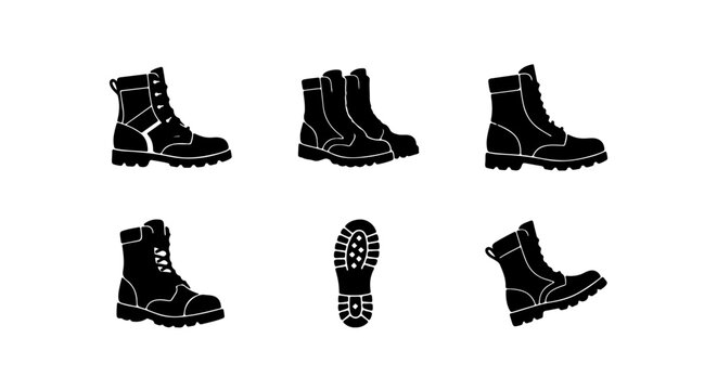 Black Combat Boots Vector Icons, Military Footwear Collection, Rugged Shoe Designs, Outdoor Gear Elements