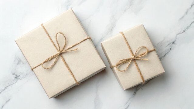 Two simple gift boxes wrapped in kraft paper and tied with twine, arranged on a marble surface