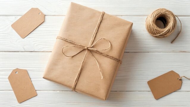Gift package wrapped in brown paper with twine and tags isolated on white background