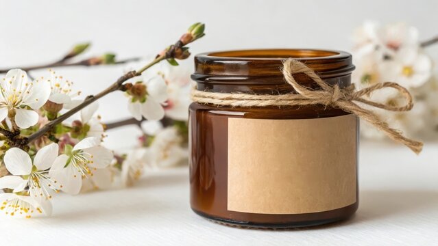Amber glass jar with blank label and twine bow next to spring blossoms