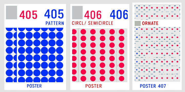 Blue circle pattern red semicircle pattern and ornate floral pattern posters