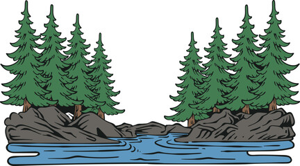 Cartoon vector illustration of a calm river flowing between rocky banks and evergreen pine forests, isolated on white background for nature travel themes © Galih
