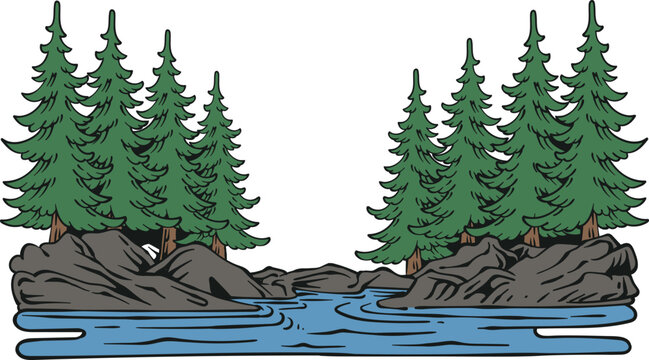 Cartoon vector illustration of a calm river flowing between rocky banks and evergreen pine forests, isolated on white background for nature travel themes