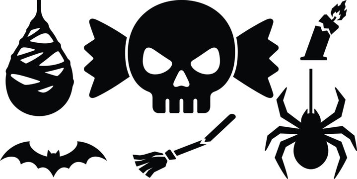 Halloween vector silhouette icon set featuring a wrapped spider prey sac, skull candy, broken melting candle, flying bat, snapped witch broom, and spider.