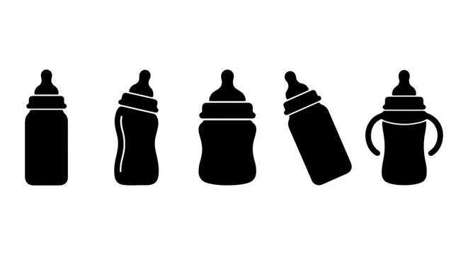 Baby Feeding Bottles Collection, Infant Sippy Cups, Newborn Nourishment Vessels, Simple Vector Icons