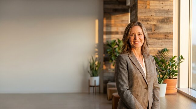 Smiling professional woman in a blazer standing indoors with plants and natural light