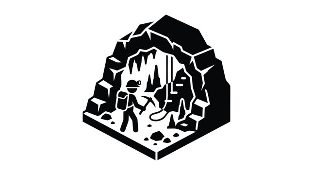 miner with pickaxe in cave silhouette rock exploration adventure mining worker tool