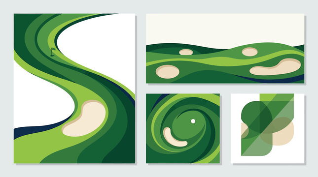 Golf course design and abstract green landscape illustrations for sports and leisure themes