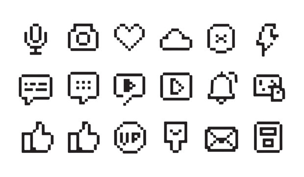 Set of miscellaneous social media and user interface pixel art icons for mobile gaming ui.