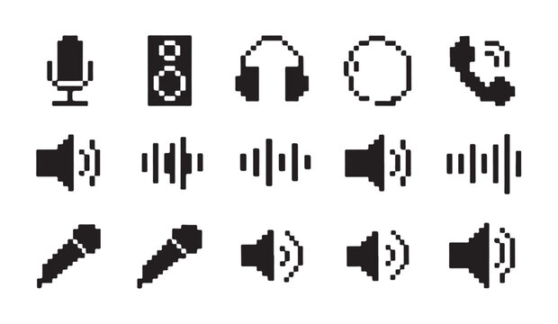 Pixel art audio icons set for digital interface featuring microphone speaker and headphones.
