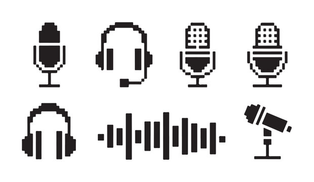 Pixel art microphone and headphone set: full and outline styles with sound wave for podcast and music.