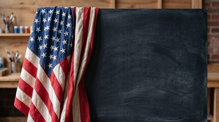 Obraz premium American flag draped over a blank black chalkboard in a rustic classroom or studio workshop setting creating copy space for patriotic designs and holiday announcements
