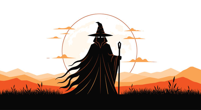 Mysterious wizard silhouette holding staff standing in grassy field against giant full moon, orange sunset landscape with rolling hills and dark horizon.