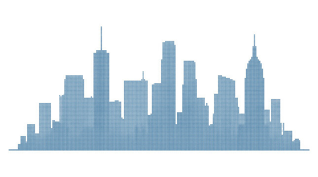 Abstract city skyline silhouette rendered in a dot matrix pattern, modern urban connectivity, digital infrastructure, and network communication systems.