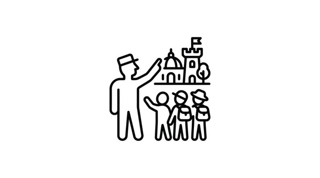 tour guide with tourists and landmarks silhouette castle flag tree building people