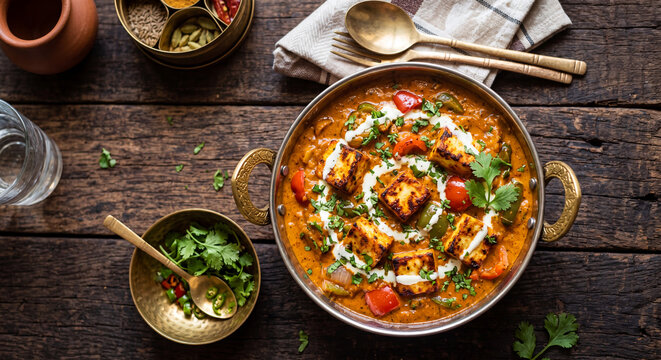 Spicy paneer tikka masala in copper kadai with bell peppers, cream and coriander on rustic wooden table, top view with copy space