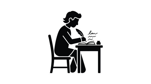 writer at desk silhouette pen inkwell book chair black white background illustration
