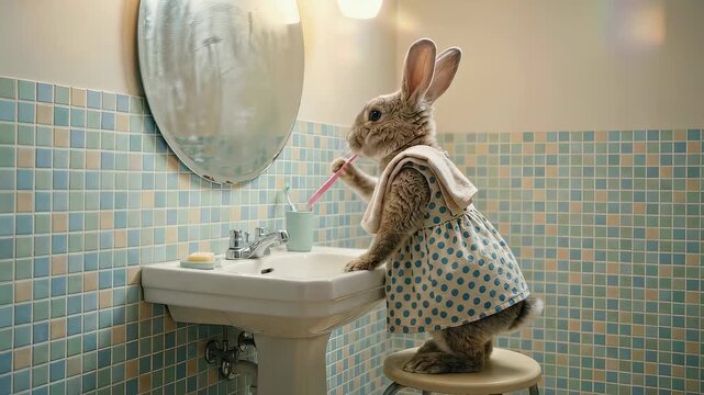 Rabbit in a dress brushing teeth in bathroom, standing on a stool to reach the sink and mirror for dental hygiene.