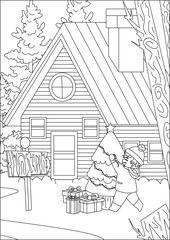 Fototapeta premium Christmas coloring page for adult boy decorating christmas tree outside of house line art vector